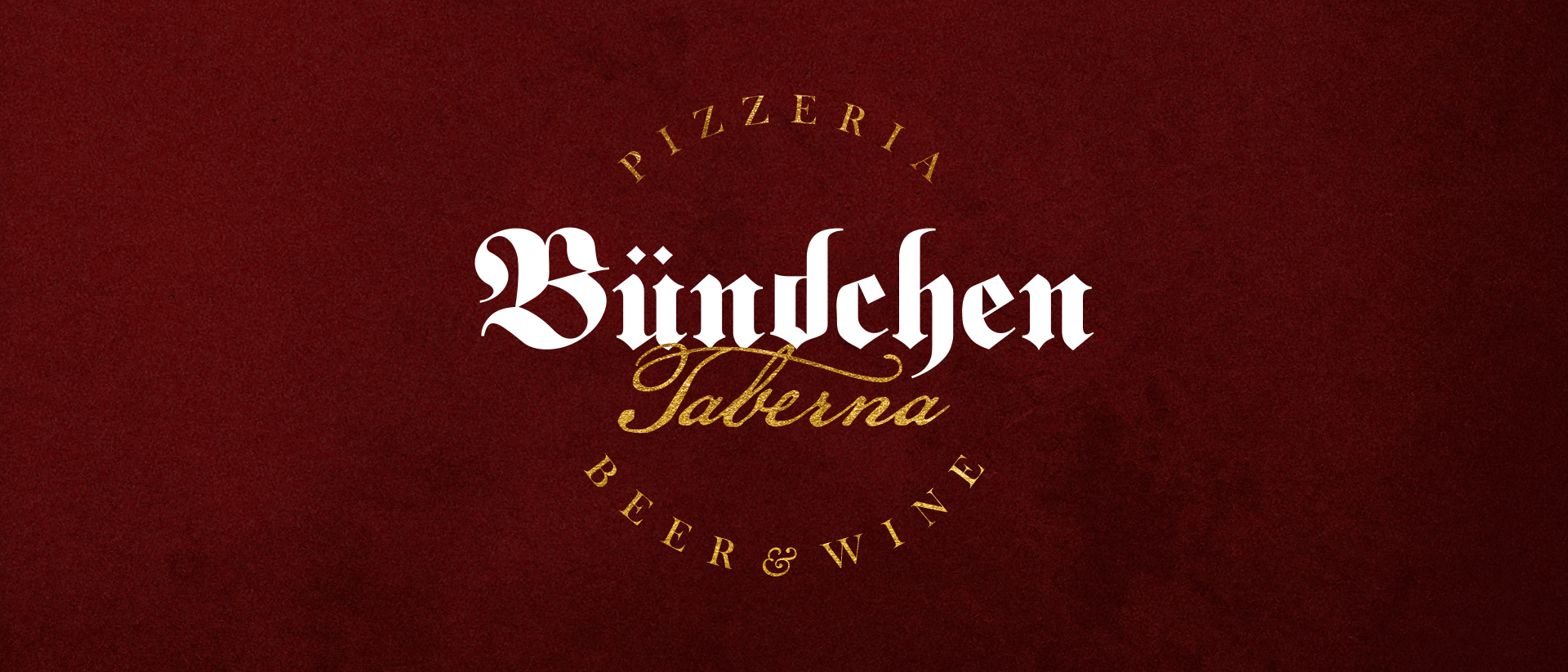 Logotipo da Bdunchen Pizzaria aplicado em um fundo vermelho.