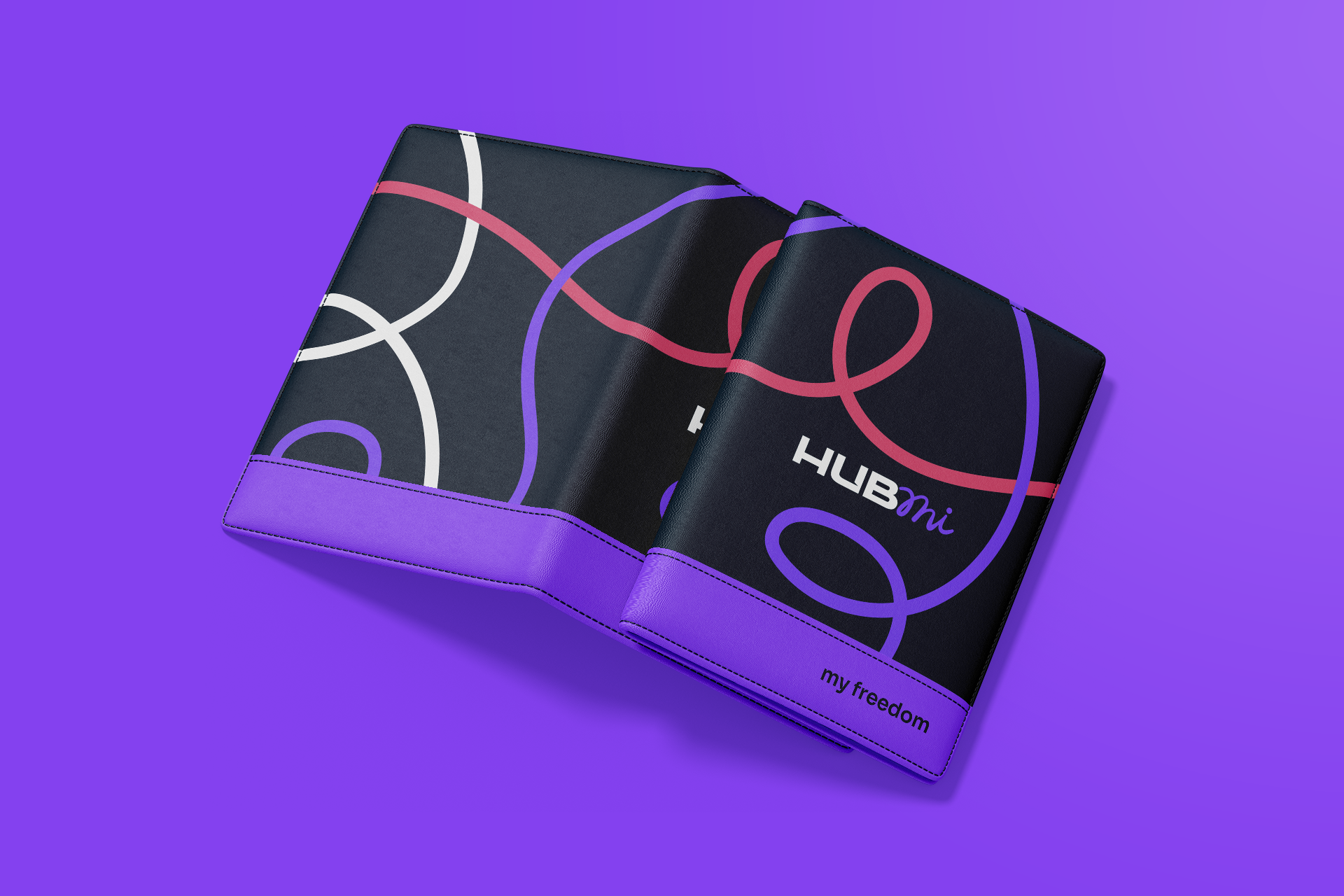 Imagem de uma capa para passaporte personalizada, adornada com a identidade visual distintiva da Hubmi, exemplificando a aplicação prática e estética da marca em acessórios de viagem.